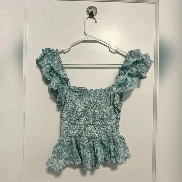 Anthropologie Love The Label Blue Smocked Ruffle Cropped Top Size S $118 - Picture 1 of 6